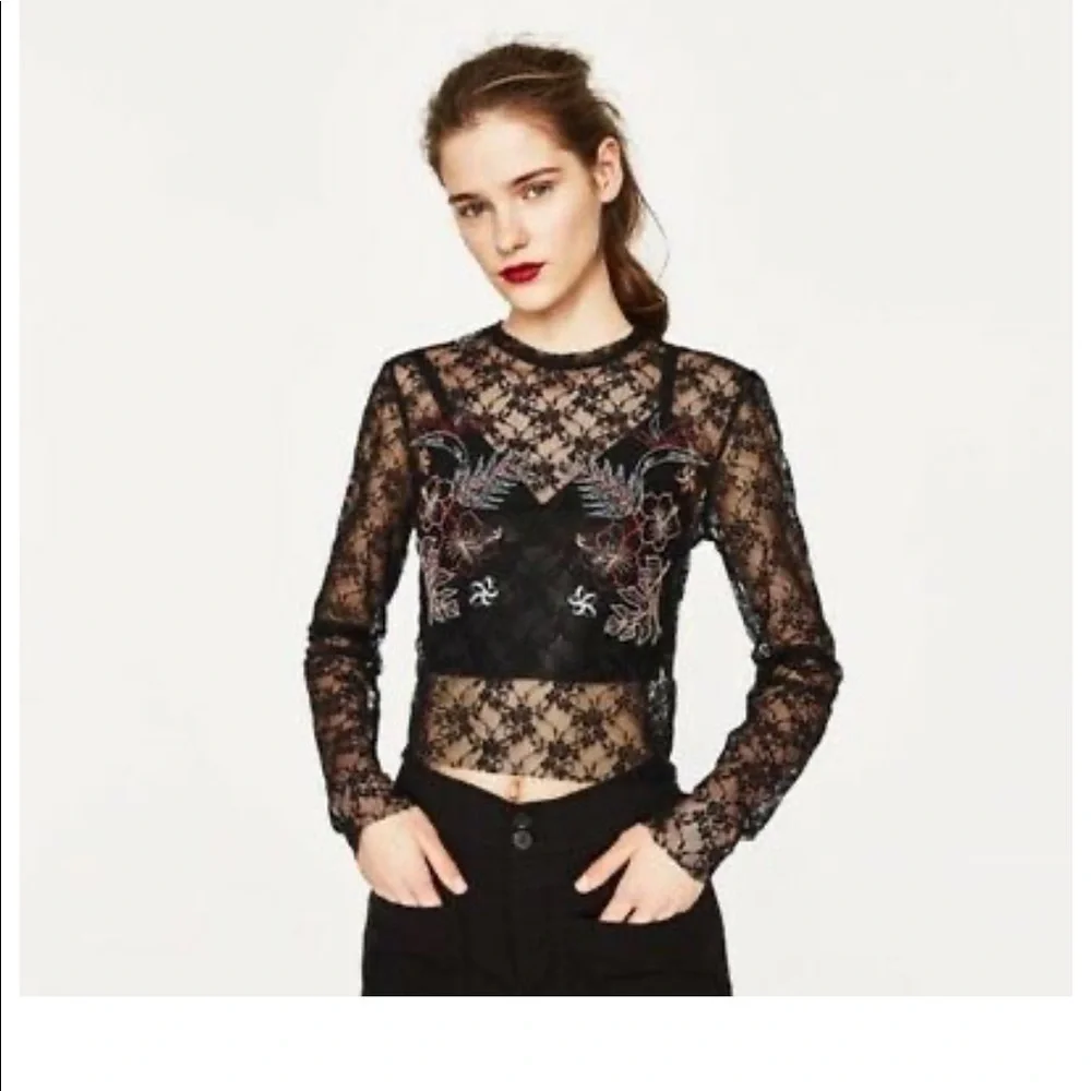 Zara Trafaluc lace sheer long sleeve cropped embroidered shirt